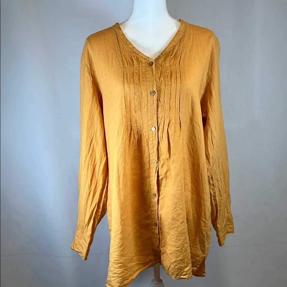 Eileen Fisher Irish Linen Women's Marigold Button Front Long Sleeve Tunic